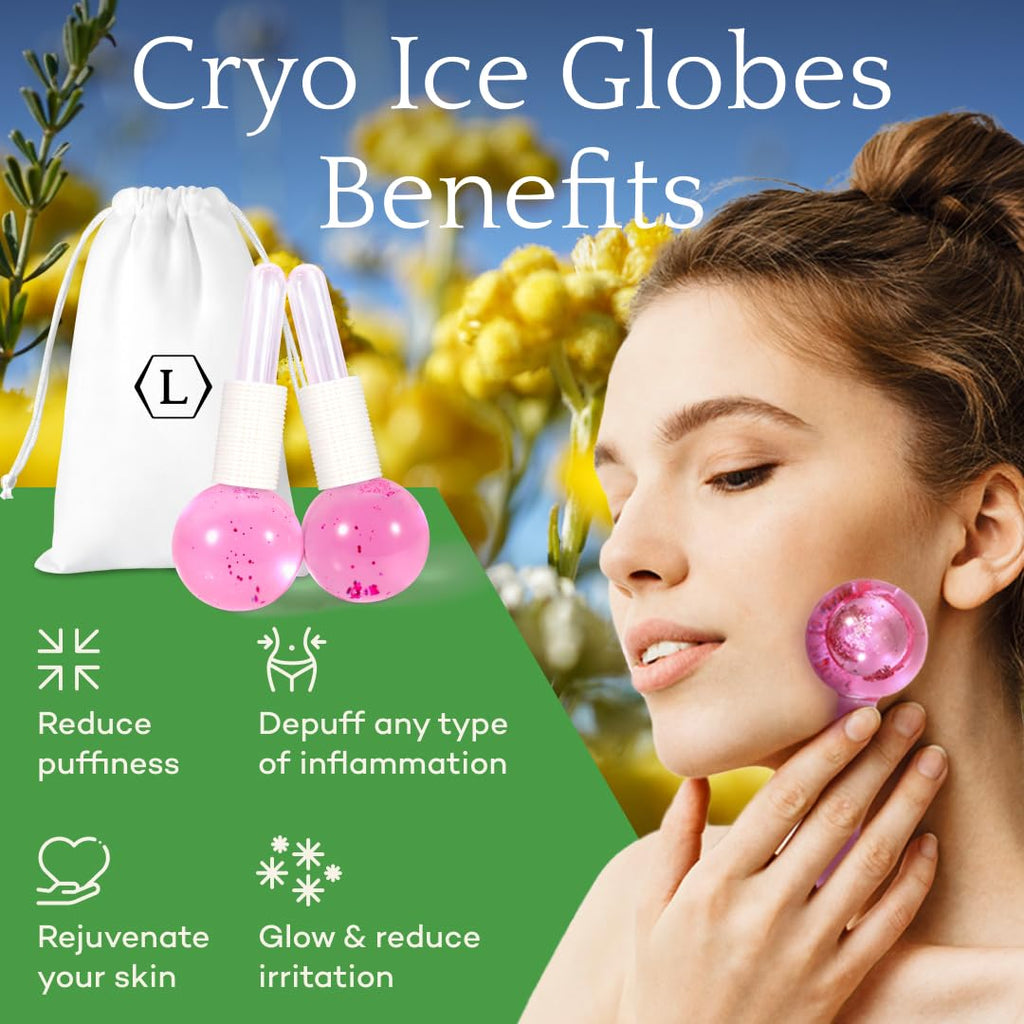 LUONKOS Ice Globes for Face and Eyes - Set of 2 Pink Glass Cryo Sticks
