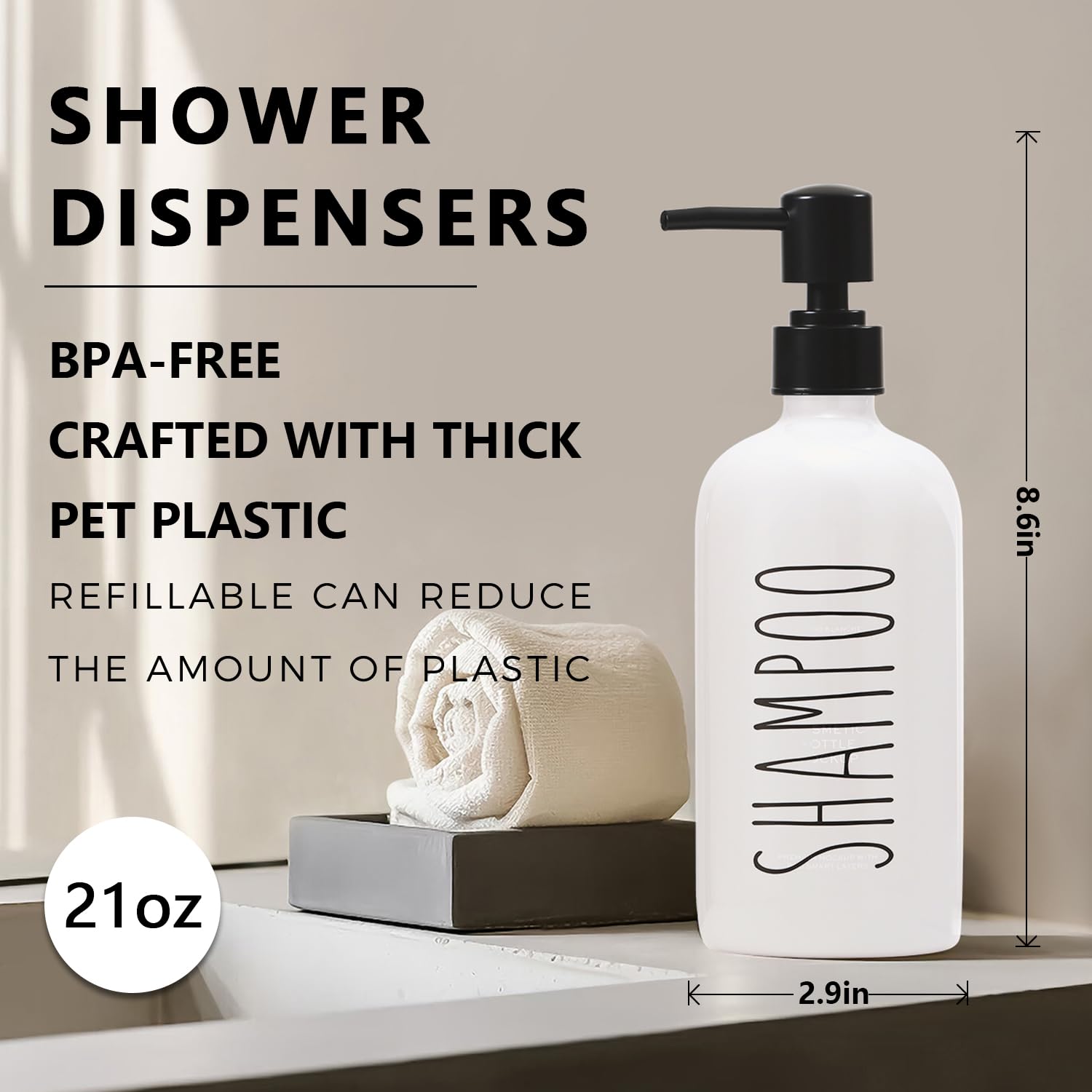 HOMCDALY Shampoo and Conditioner Dispenser Set of 3, 21oz Shower Soap Bottles with Pump, Refillable Shampoo Conditioner Body Wash Dispenser, Bathroom Shower Shampoo Bottles, shampoo container(P-White)