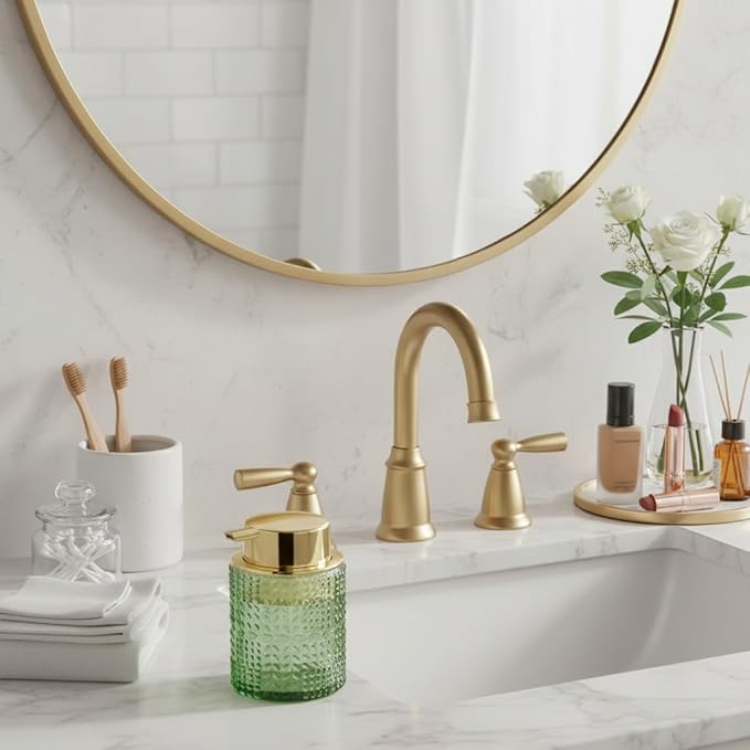 Fvstar Foaming Soap Dispenser, 10 Oz Glass Foam Hand Soap Dispenser with Gold Pump, Refillable Bathroom Lotion Container Pump Bottle with Vintage Pattern, Green
