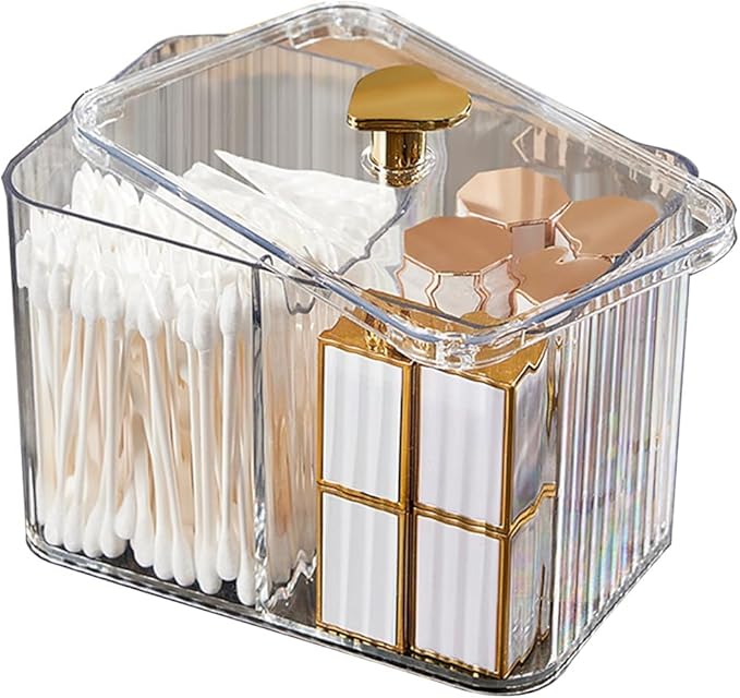 WIWIUXY Qtips Holder Bathroom Container,3-Section Cotton Ball/Swabs Dispenser,3 Grids Apothecary Jar Organizer, Cosmetics Storage for Vanity