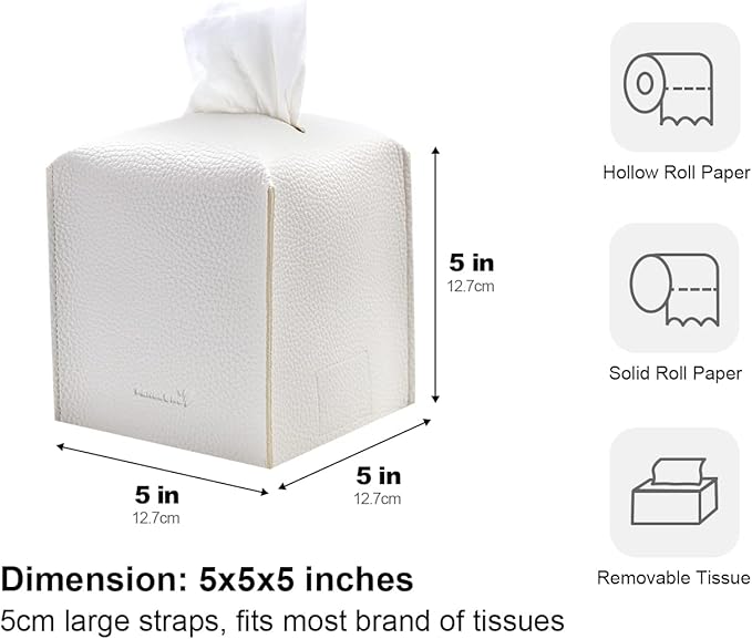 PENGLONG Tissue Box Cover 5X5X5'' PU Leather Tissue Holder Square Tissue Cube Box Organizer for Bathroom Vanity Countertop, Car, Night Stands, Office, Home, Kitchen (1Pack, White)