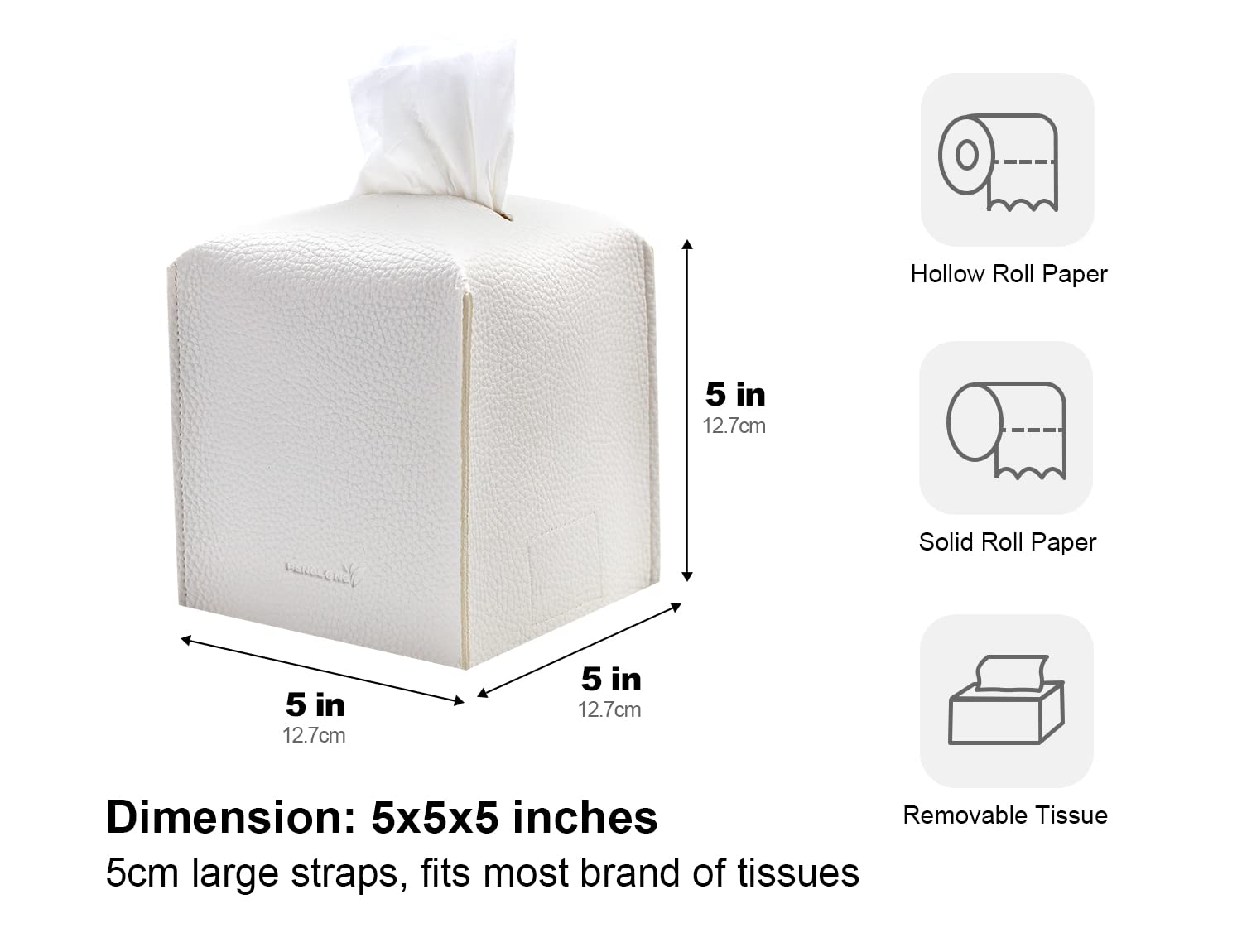 PENGLONG Tissue Box Cover 5X5X5'' PU Leather Tissue Holder Square Tissue Cube Box Organizer for Bathroom Vanity Countertop, Car, Night Stands, Office, Home, Kitchen (1Pack, White)