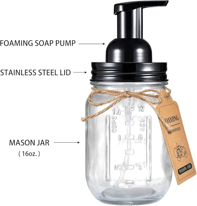 Amolliar Mason Jar Foaming Soap Dispenser, Rustproof Stainless Steel Lid,BPA Free Pump, Waterproof Labels, Rustic Farmhouse Decor, Refill Hand Soap Dispenser for Bathroom, Vanity, Kitchen, Countertop