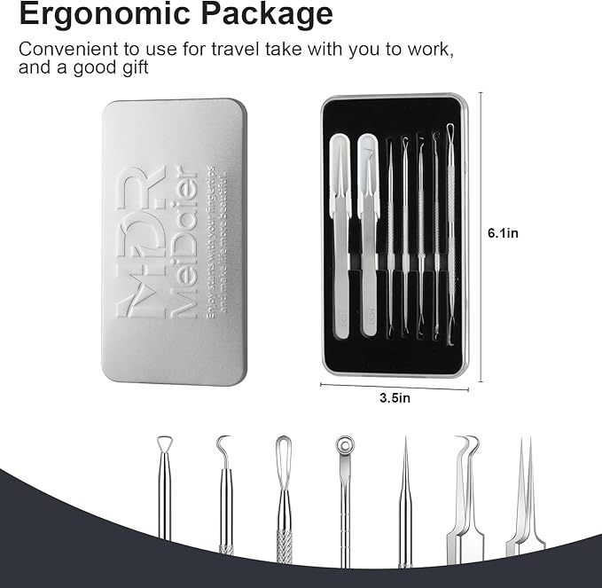 Meidaier 7Pcs Blackhead Remover Kit, Stainless Steel Acne Comedone Extractor with 10X Magnifying Glass & 20 75% Alcohol Pads, Pimple Whitehead Blemish Removal, Anti-Slip Handle & Storage Box