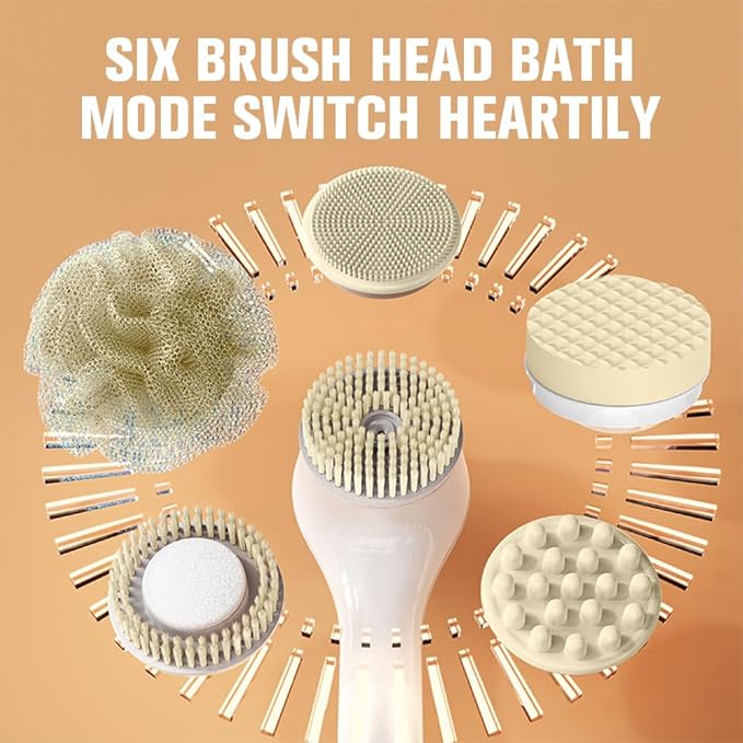 Electric Body Brush Set, Electric Body Brush for Shower, exfoliating Bath Brush with Long Handle, for Shower Lotion applicator, Back Silicone Body Scrub, with 6 Shower Brush Heads (White)