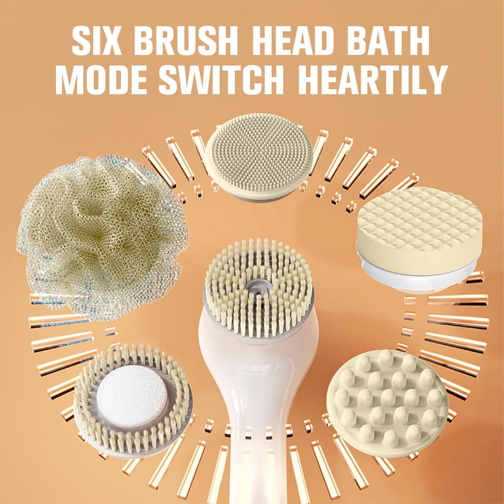 Electric Body Brush Set, Electric Body Brush for Shower, exfoliating Bath Brush with Long Handle, for Shower Lotion applicator, Back Silicone Body Scrub, with 6 Shower Brush Heads (White)