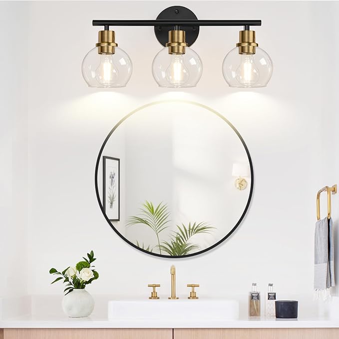 3-Light Bathroom Light Fixtures, Black and Gold Bathroom Lights Over Mirror with Clear Glass Globe Shade, Vanity Lights for Bathroom Kitchen Living Room Hallway Cabinet Bedroom Porch