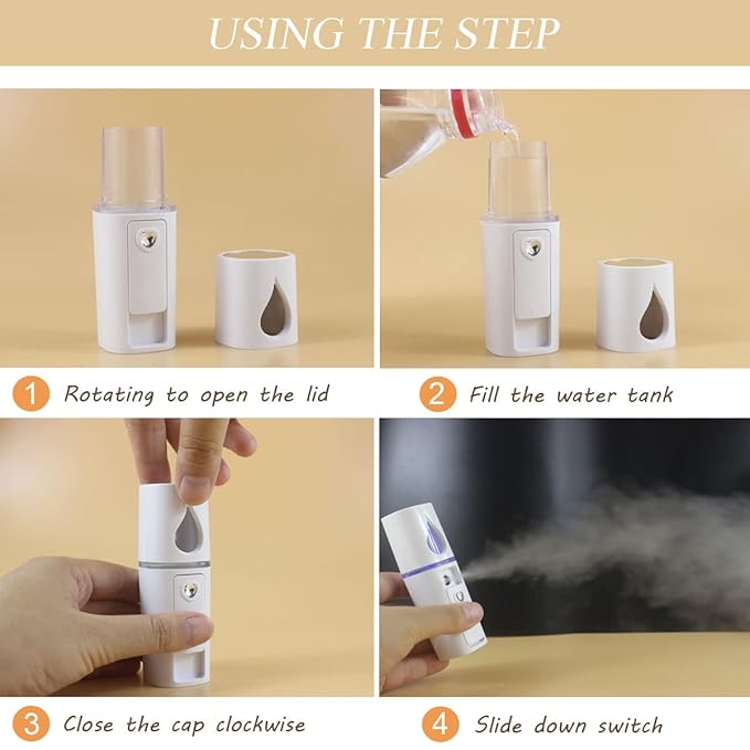 Nano Facial Mister Portable Mist Sprayer with Mirror Mini Cool Mist Spray for Skin Care & Facial Body Moisturized & Eyelash Extensions, USB Rechargeable (White)