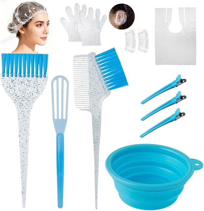 MOONMINI Hair Dye Color Brush and Bowl Set, Color Bowl Brushes Tool Mixing Bowl Kit Tint Comb for Hair Tint Dying Coloring Applicator (Light Blue&Clear)