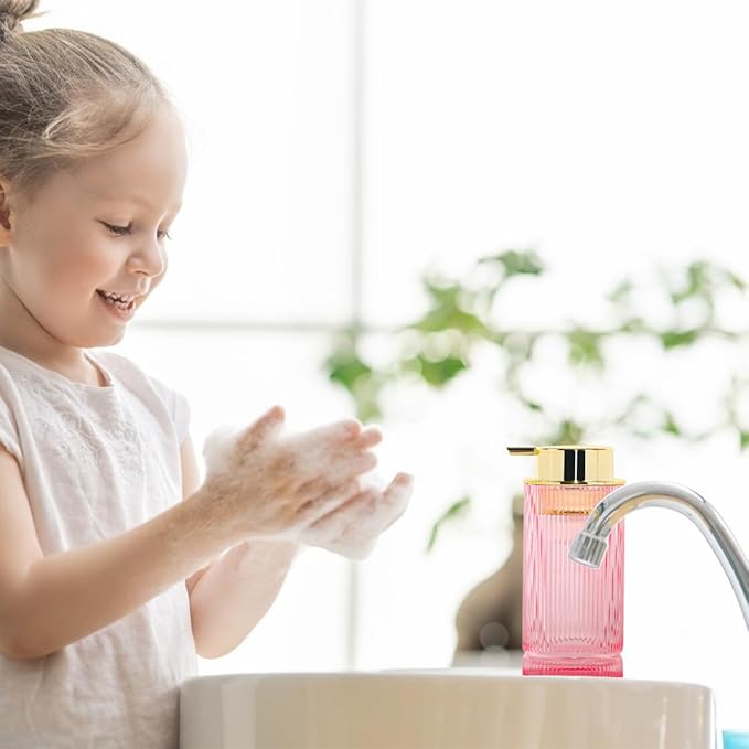 Tonxus Foaming Soap Dispenser, Pink Glass Foam Hand Soap Dispenser with Gold Pump, 14 Oz Bathroom Refillable Liquid Lotion Pump Ribbed Bottle Container for Kitchen Countertop Decor, 1