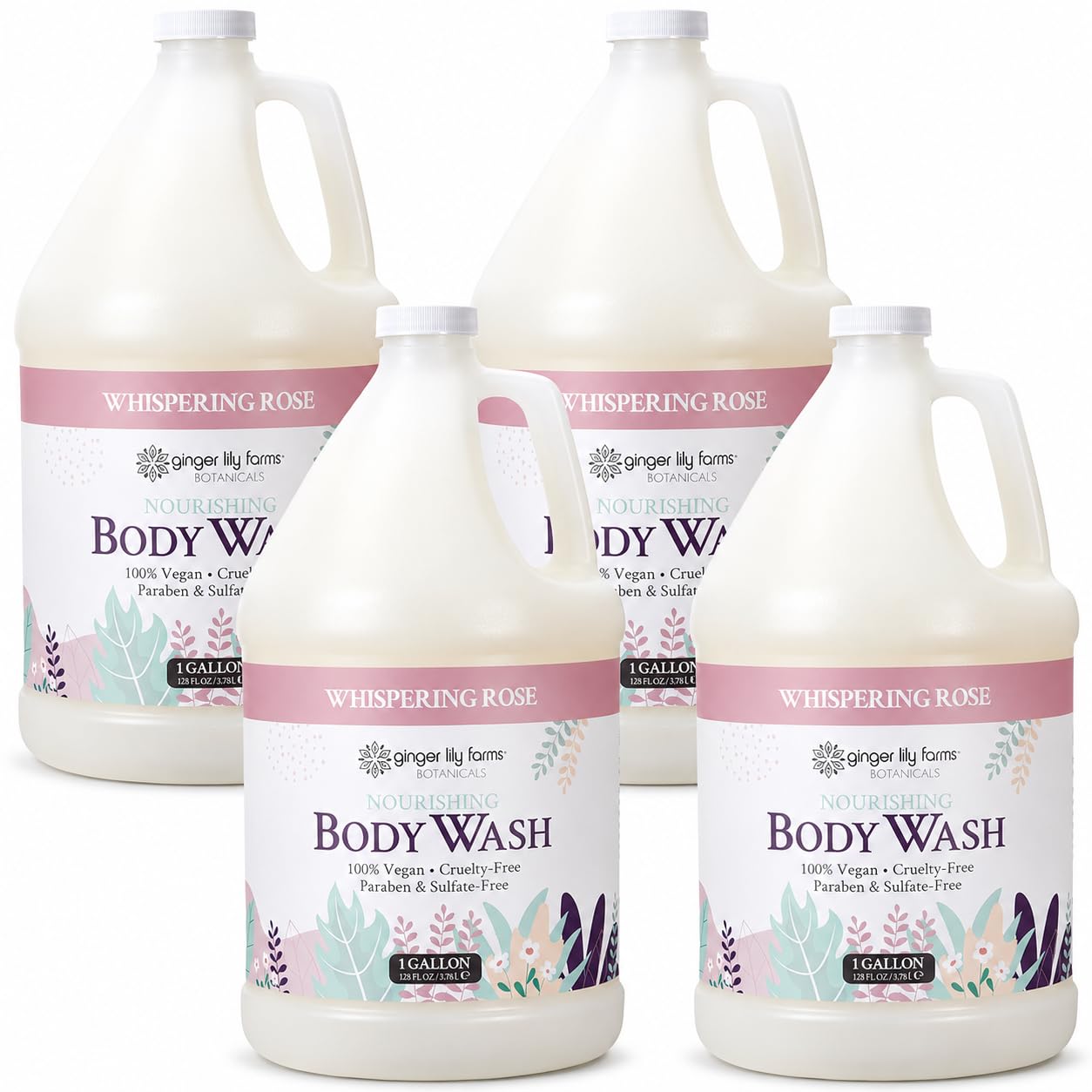 Ginger Lily Farms Botanicals Nourishing Body Wash, 100% Vegan & Cruelty-Free, Whispering Rose Scent, 1 Gallon (Pack of 4)