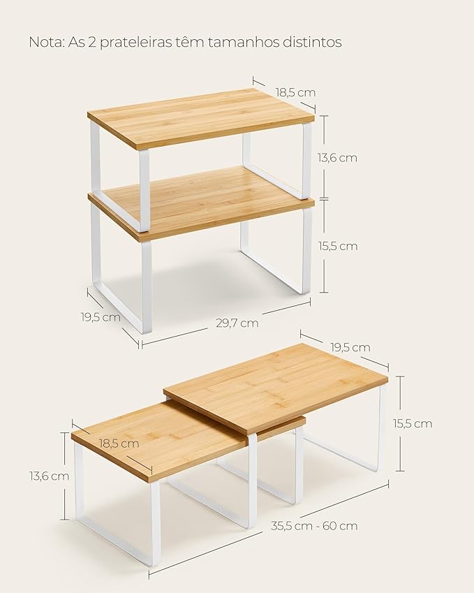 SONGMICS Cabinet Organizer Shelf, Set of 2 Kitchen Counter Shelves, Kitchen Storage, Spice Rack, Stackable, Expandable, Metal and Engineered Wood, 11.7 Inches, Cloud White and Natural Beige UKCS02NW