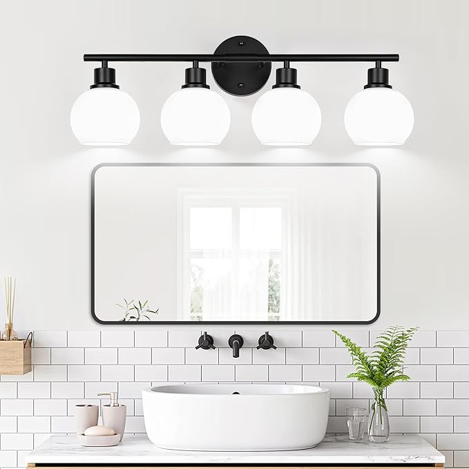 4-Light Bathroom Light Fixtures, Black Bathroom Lights Over Mirror with Milky White Frosted Glass Globe Shade, Vanity Lights for Bathroom Kitchen Living Room Hallway Cabinet Bedroom Porch