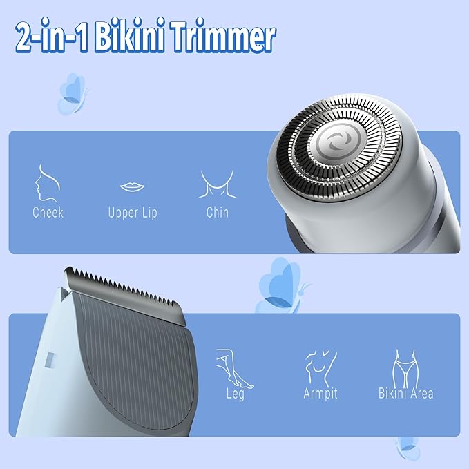 Bikini Trimmer for Women, 2 in 1 Electric Razor & Bikini Shaver for Womens IPX7 Waterproof Body Hair Trimmer and Facial Hair Remover,Blue