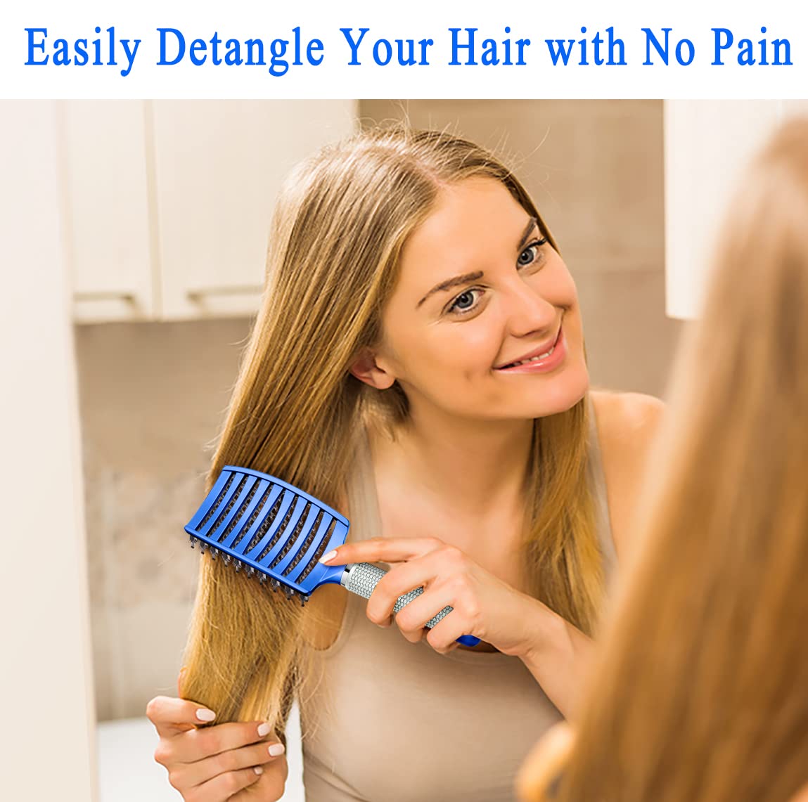 KTKUDY Detangling Brush Boar Bristles Hairbrush Make Hair Shiny & Healthier Curved and Vented Detangler Brush for Women Men Kids Wet and Dry Hair (Blue)