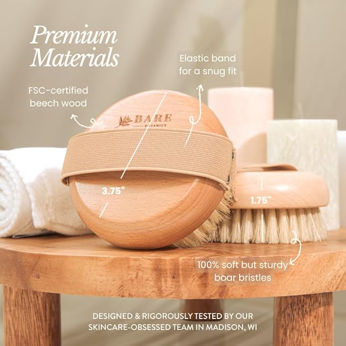 Bare Botanics Dry Body Brush for Lymphatic Drainage - Improve Circulation w/Gentle Exfoliation for Soft Skin - Ergonomically Designed w/Elastic Strap - Soft but Firm Natural Boar Bristles