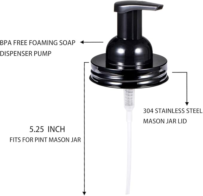 SheeChung 2 Pack Mason Jar Foaming Soap Dispenser Lids for Standard Mouth, Foaming Soap Dispenser Pump Replacement for Hand Sanitizer, Bath Liquid, Facial Cleansing Foam, Makeup Remover Water - Black