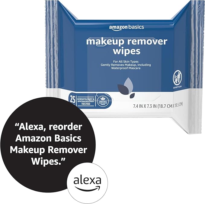 Amazon Basics Makeup Remover Wipes, Gentle Facial Cleansing, Dermatologist Tested, Original, Plant-Based, Alcohol-Free, Removes Waterproof Mascara, 25 Count, 1-Pack