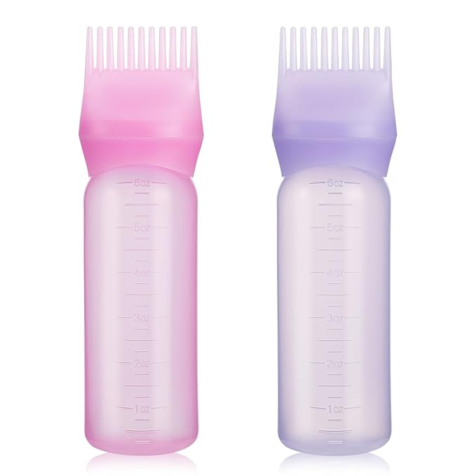 Pimoys 2 Pack Root Comb Applicator Bottle 6 Ounce Oil Applicator for Hair Dye, Hair Oiling Applicator Brush with Graduated Scale, Pink and Purple
