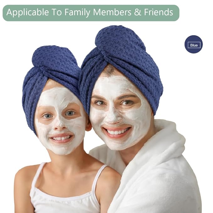 Dolwis Microfiber Hair Drying Towel - 2Packs Waffle Long Hair Head Turban Wraps Terry Cloth Fast Absorbent Dry Anti Frizz Twist Plopping Curly Shower Turban for Women Wet Hair (Dark Blue)