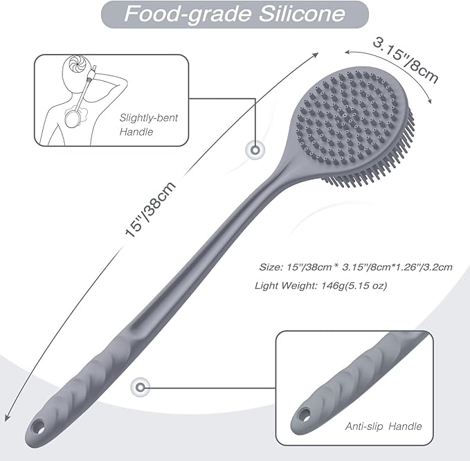 Manmihealth Silicone Back Scrubber & Shower Brush Set Thin Bristles Gray