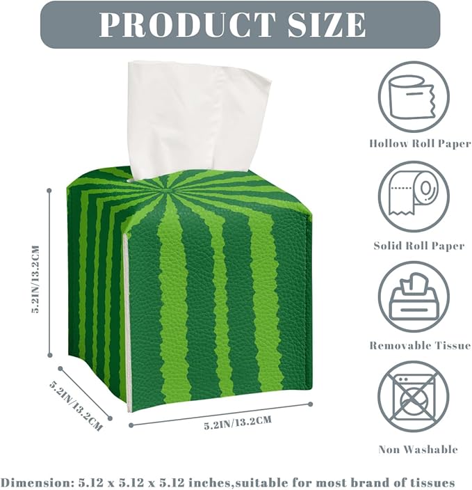 Funny Fruit Tissue Box Cover Summer Cute Green Watermelon Square PU Leather Waterproof Tissue Box Holder for Car Bathroom Bedroom Office Tabletop Decor