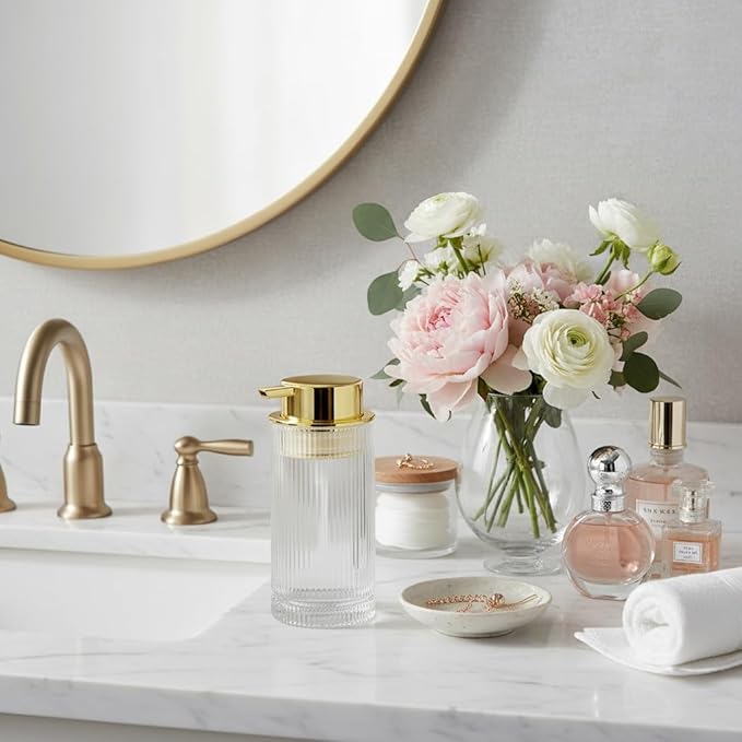 Tonxus 14 Oz Foaming Soap Dispenser, Clear Glass Soap Dispenser, Refillable Foam Pump Bottle Lotion Container with Gold Pump, Decorative Slim Ribbed Bottle for Bathroom and Kitchen Decor