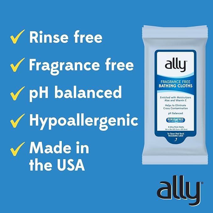Ally Ultra-Thick Body Wipes with Aloe - No Rinse, Fragrance Free Bathing Wipes for Women, Men & Elderly - 96 Count (12 Pk of 8 Wet Wipes)