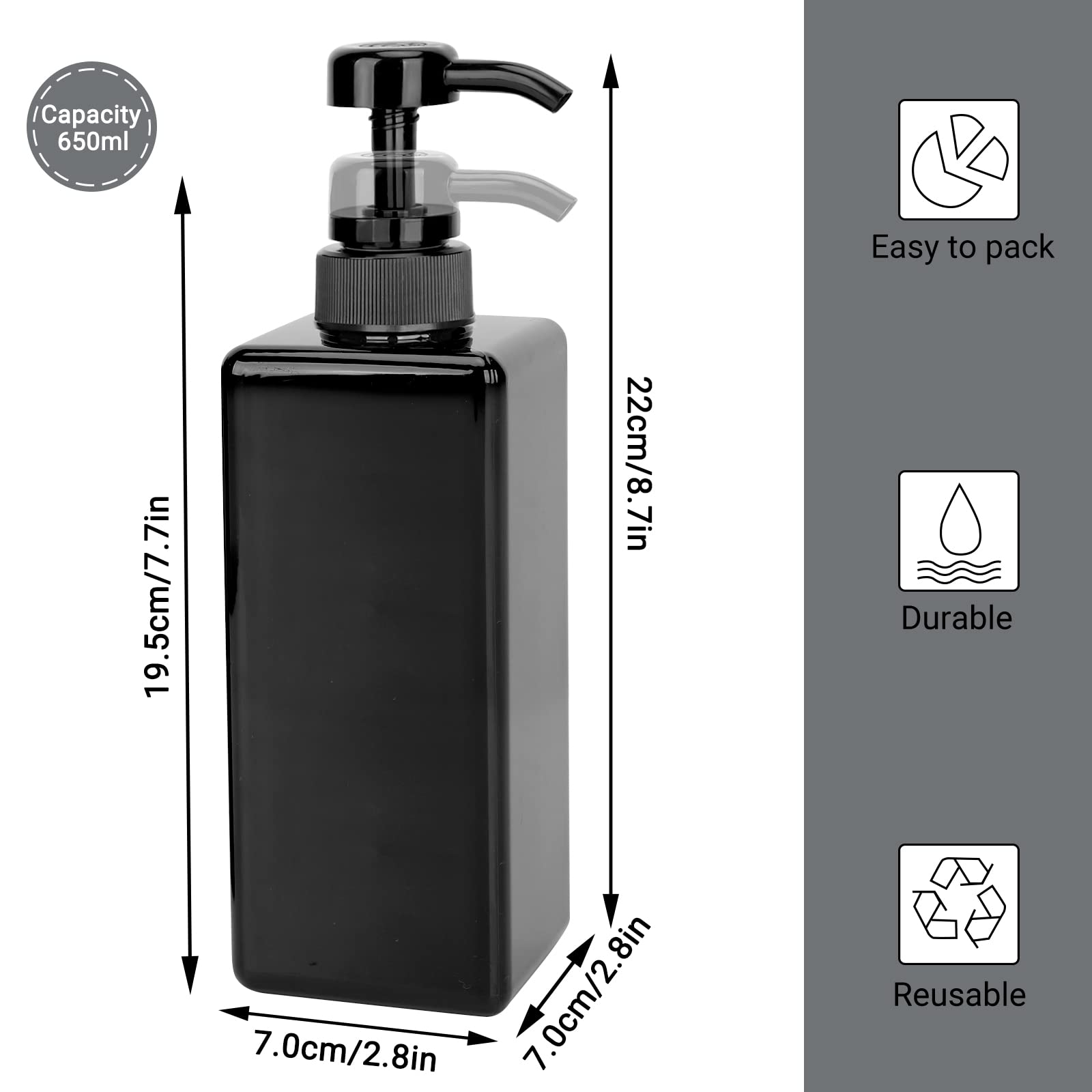 Suream 22oz/650ml Large Plastic Pump Bottles for Shampoo, Bathroom Shower Dispensers, Empty Refillable Cosmetic Pump Dispenser for Lotion, Creams, Body Moisturizer, Massage Oil, Hand Wash, Soap, Black