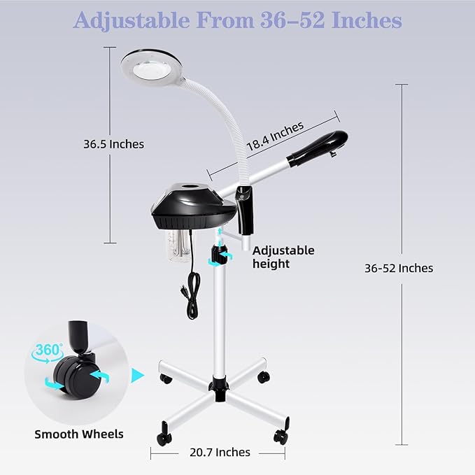 Takeashine Professional Facial Steamer, 2 in 1 Face Steamer on Wheels with 5X Magnifying Lamp for Deep Cleansing and Hydration, with Time Setting for Spa, Salon and Home Use