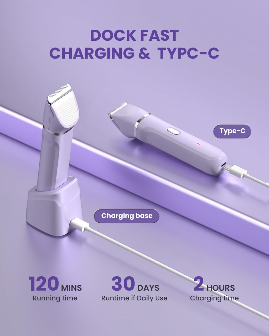 Bikini Trimmer for Women - 5 in 1 Electric Razors for Ladys Pubic Facial Nose Body Leg Hair Removal, Waterproof Electric Shaver for Women Private Area Sensitive Skin, Personal Hair Trimmer-Purple