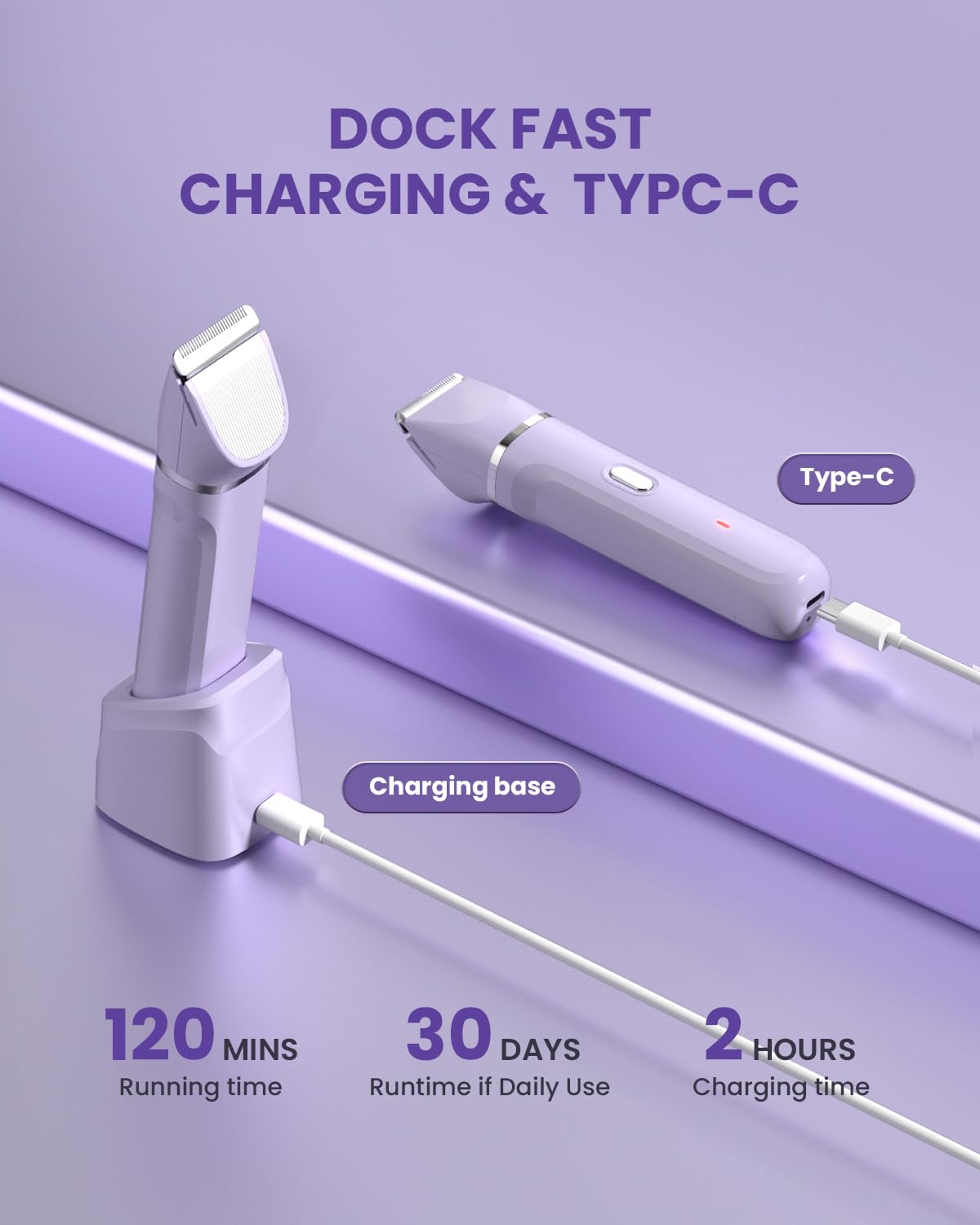 Bikini Trimmer for Women - 5 in 1 Electric Razors for Ladys Pubic Facial Nose Body Leg Hair Removal, Waterproof Electric Shaver for Women Private Area Sensitive Skin, Personal Hair Trimmer-Purple