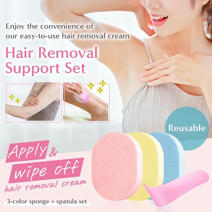 Hair Removal Aid Kit: 3 Body Sponges & Depilatory Cream Spatula - Gentle on Skin, 100% PVA Material, for Men & Women