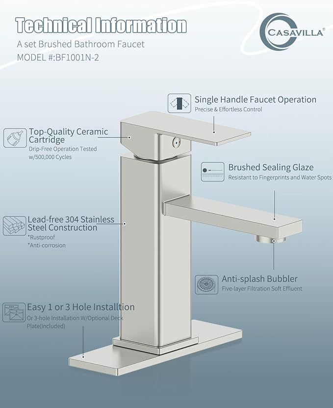 Bathroom Faucet-2 Sets, Brushed Bathroom Sink Faucets with Pop-up Drain and 6 Inch Deck Plate, Single Handle Modern Farmhouse RV Vanity Faucet for Vessel Sink (1~3 Holes)
