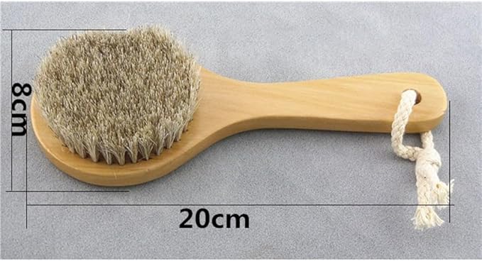HiKin 7.87” Short Handle Dry Bath Body Brush Scrubber, Wood Handle Soft Horsehair Mane Natural Bristles Shower Brush, Good for Cellulite, Detox, Exfoliating, Blood Circulation, etc.