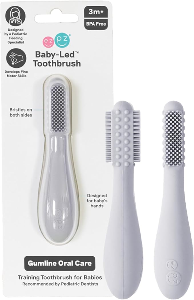 ezpz Baby-Led Toothbrush (Pewter) - 3 Months + - 100% Silicone Infant Toothbrush with Sensory Bumps - Cleans Gums + New Teeth - Improves Hand-to-Mouth Coordination, Self-Feeding Skills