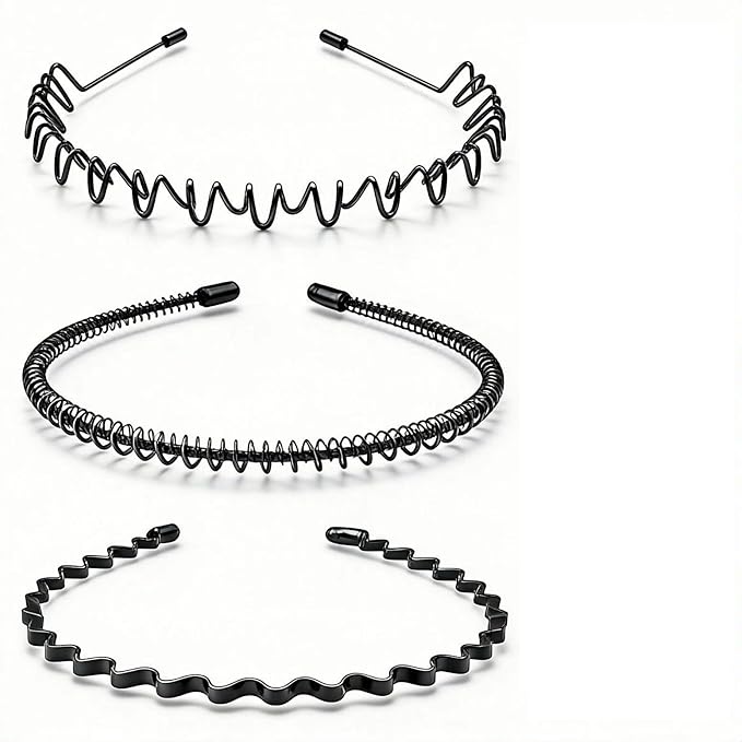 Metal Headbands for Men & Women, Adjustable Zigzag Hair Bands with Spring Circle & 0.3cm Wave Design, Non-Slip Black Sports Hairbands for Daily Wear, Running & Workout (3 Pack)