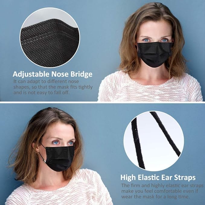 LEMENT 500pcs Disposable Black Mask,3-Ply Face Masks with Earloops