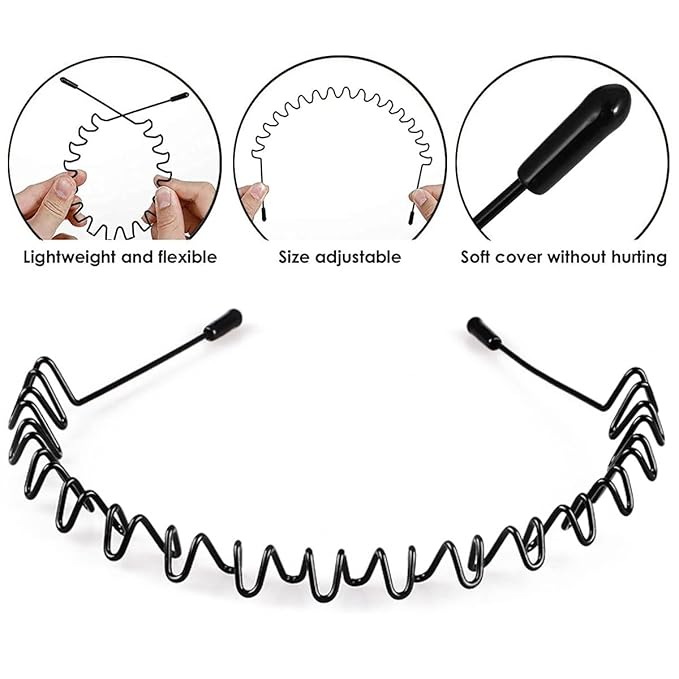 Vrose Flosi Metal Headband for Men - Zig Zag Wavy Hair Band for Thick Curly Hair Non-Slip Slicked Back Headband with Safe Ball-End Tips to Prevent Forehead Acne Black Wire Hair Accessories