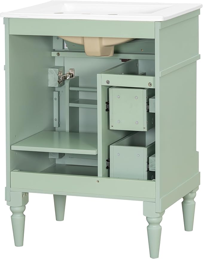 Harper & Bright Designs 24" Bathroom Vanity with Sink, Free Standing Bathroom Vanity Set with Flip Drawer, 2 Drawers, and Adjustable Shelf, Wood Storage Cabinet with Ceramic Basin for Bathroom, Green