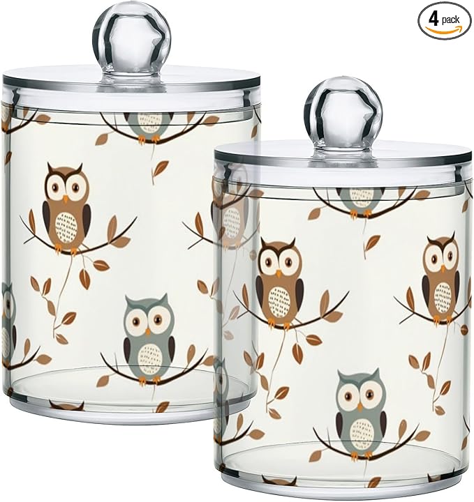 4 Pack Qtip Holder Dispenser Owl Forest Little Animal Cotton Ball Cotton Swab Round Pads Floss Clear Bathroom Storage Containers Plastic Apothecary Jars with Lids
