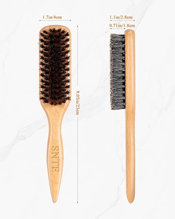 100% Boar Bristle Slick Back Hair Brush | Natural Peach Wood Handle | Restores Shine, Controls Frizz, Smooths Flyaways | Teasing Adds Volume Styling Tool | For Sleek Ponytails, Buns & Beard Grooming