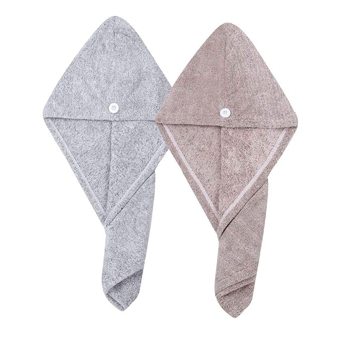 M-bestl 2 Pack Hair Towel Wrap,Rapid Carbon Fiber Hair Drying Towel with Buttons, Microfiber Hair Towel for Drying Curly Hair,Anti-frizz (Star Gray&Star Pink)