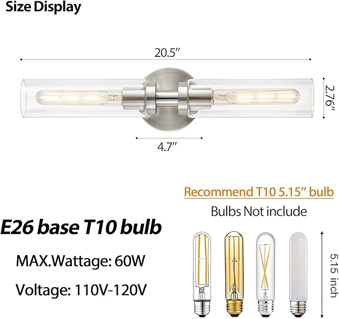 2 Light Bathroom Wall Sconces Set of 2,Modern Farmhouse Brushed Nickel Bathroom Light Fixture Over Mirror with Clear Glass Shade,Vanity Light for Hallway Cabinet Bedroom Stairway Porch