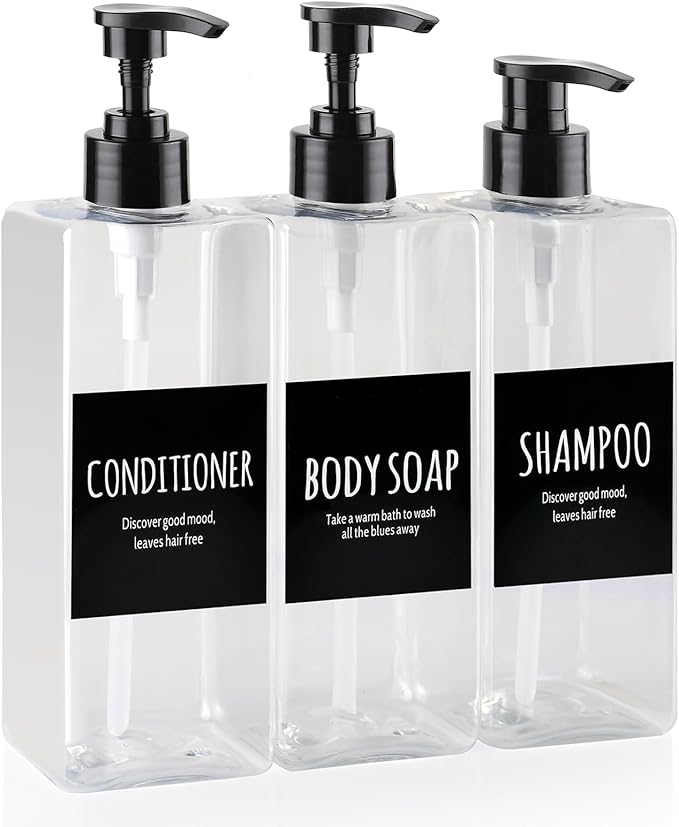 Shampoo and Conditioner Dispenser - Shower Soap Dispenser -16.9 Fluid Ounce Set, 3 Plastic Bottles and Black Pump - Shower Soap Dispenser, Suitable for Bathroom Refillable Dispenser