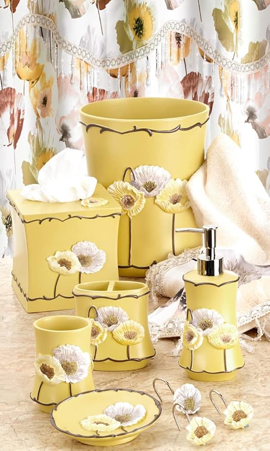 Zahari Home 4pc Poppy Fields Yellow Bathroom Accessories Set Hand Soap Dispenser, Tumbler, Tooth Brush Holder and Soap Dish Modern Contemporary Decor Complete Bathroom Sets with Shower Curtains
