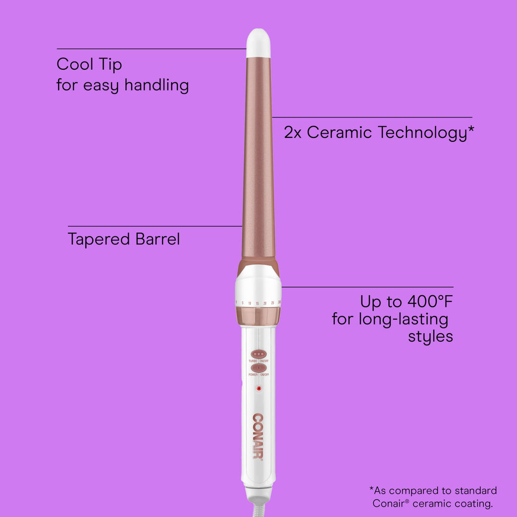 Conair Double Ceramic Tapered Curling Wand, Hair Wand Tapers 1¼ Inch to ¾ Inch to Produce Beachy Waves, 30 Heat Settings, For All Hair Types and Textures, White