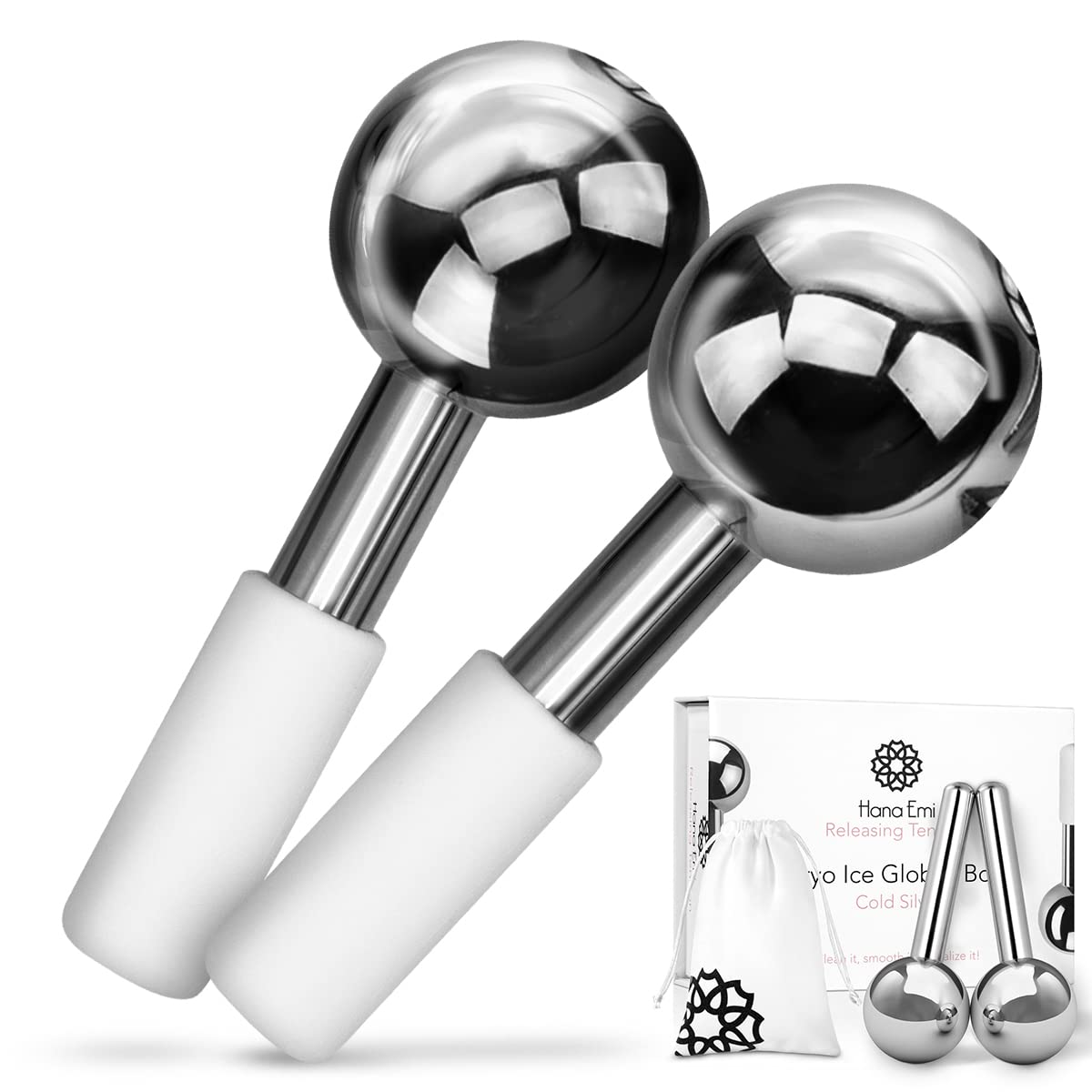 Hana Emi Facial Rejuvenation Set: Silver Ice Globes and Gua Sha Tool for Face and Body - 2-Piece Cryo Globes for Cooling Facial Massage and 4-Piece Bian Stone Gua Sha Tool for Skincare Routines