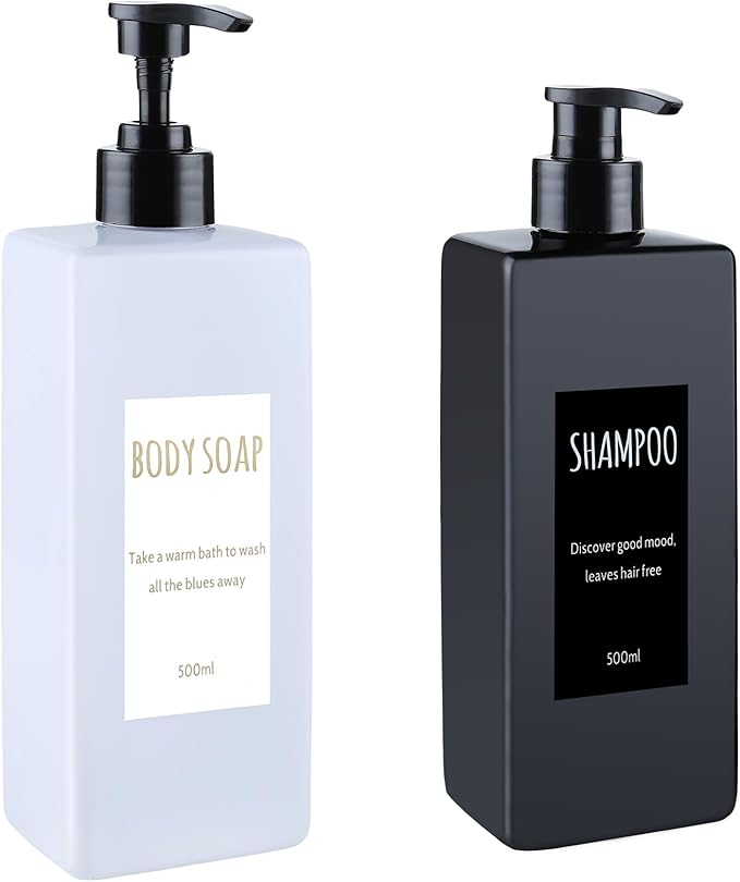 DEROANBOTT Shampoo and Conditioner Dispenser (Set of 2, 16.9oz) Modern Refillable Shampoo Pump Bottles for Shower Soap - Empty Body Wash Dispenser Set for Bathroom (White+Black)