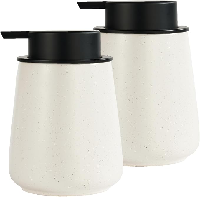 12Oz Hand Soap Dispenser Set - 2 Pack Ceramic Lotion Soap Dispenser Set with Easy-to-Press Black Pump, Refillable Mordern Liquid Dish Soap Dispensers for Bathroom & Kitchen (Beige, Liquid Pump)